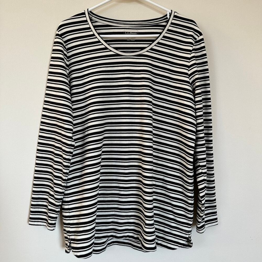 L.L. Bean Stripe T-Shirt Scoop Neck Long Sleeve Black White Women's XL